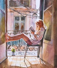 meisje leest in het open raam